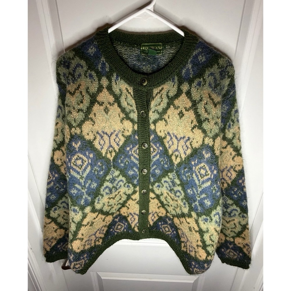 Vintage 80's Mohair Geometric Pattern Button Down Cardigan Sweater Womens Medium